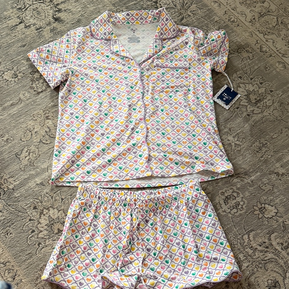 Roller Rabbit White Short-Sleeve Heart Print Pajama Set in Multicolor Hearts